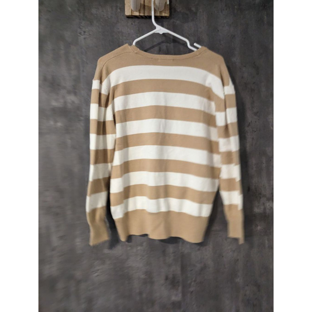 Women's 525 America Striped V-Neck Sweater - Tan and White - Size M - Picture 9 of 10